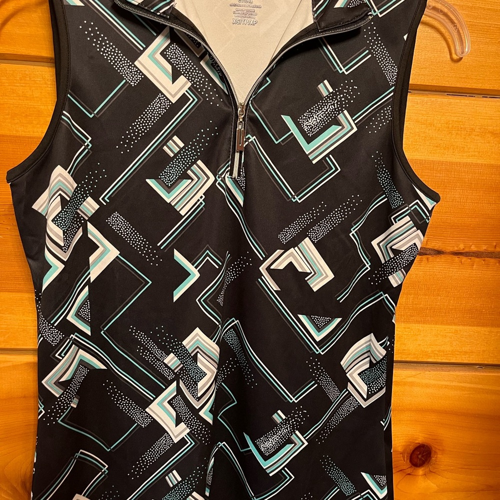 Izod Women’s Active wear Black and Teal Geometric Zip-Up Top